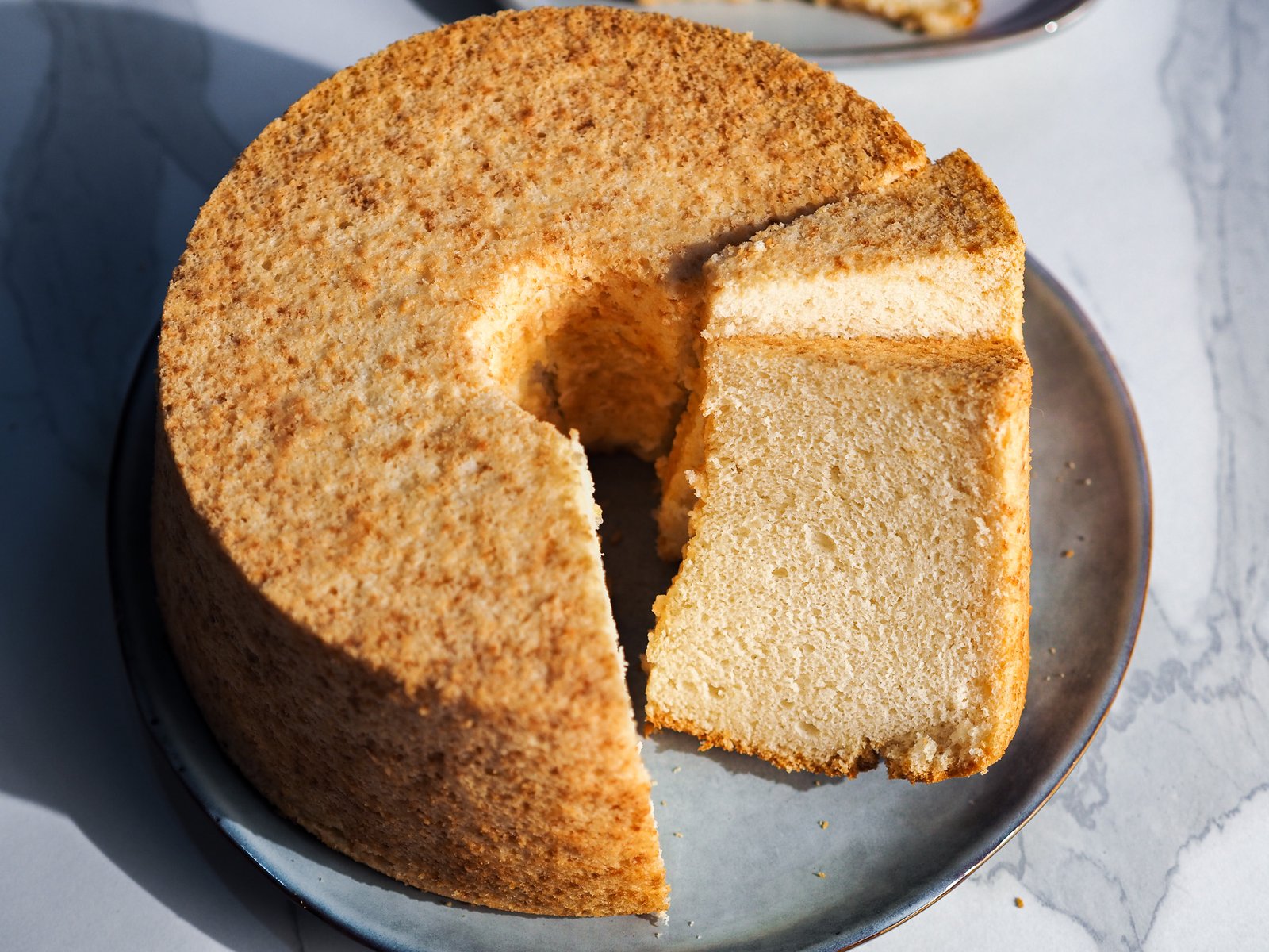 Tall, soft vegan chiffon cake, sliced